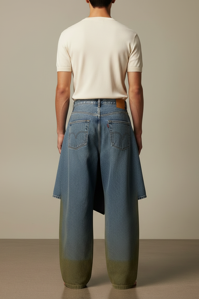 Pantalon Jupe Denim Bleu Ample Dégradé Vert - Multicolore Jean - vue 2