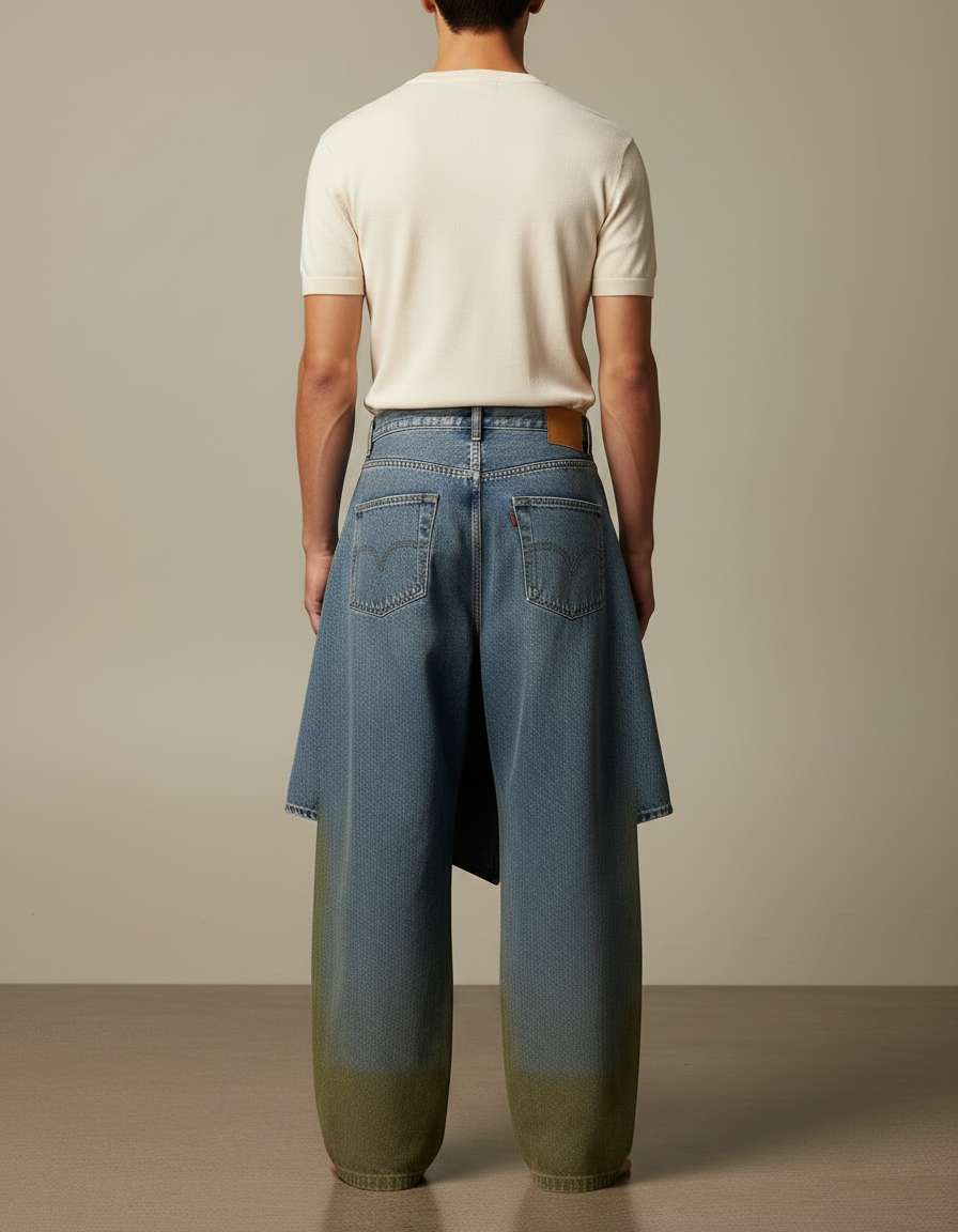 Pantalon Jupe Denim Bleu Ample Dégradé Vert - Multicolore Jean - vue 2