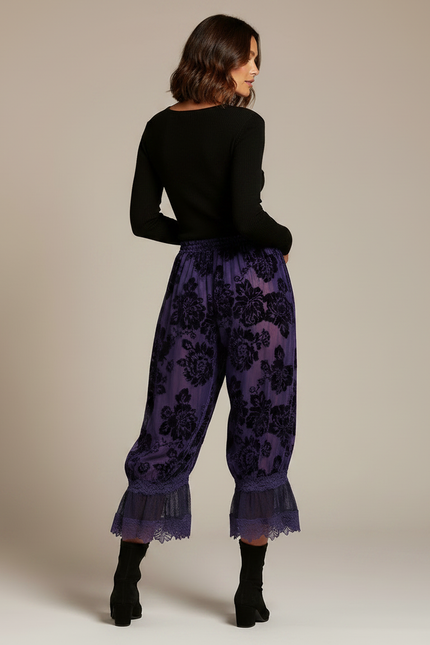 Pantalon Jupe Violet Velours Floral Dentelle Ample - vue 2