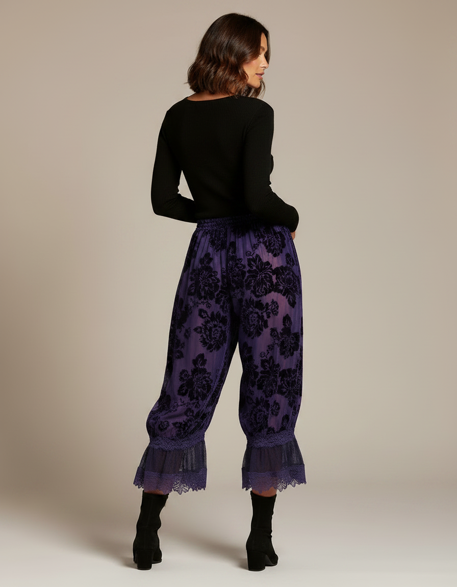 Pantalon Jupe Violet Velours Floral Dentelle Ample - vue 2