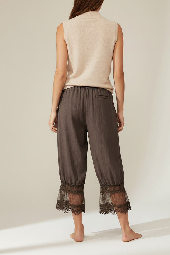 Pantalon Jupe Marron Ample Dentelle Bohème - Lin - vue 2