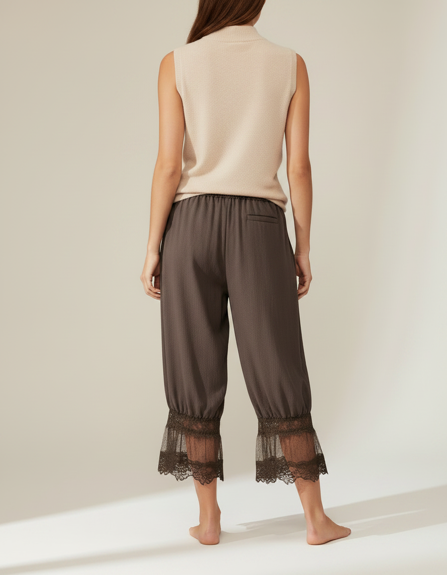 Pantalon Jupe Marron Ample Dentelle Bohème - Lin - vue 2