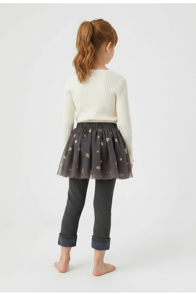Pantalon Jupe Gris Tulle Cœurs Dorés Intégré Fille - Molleton - vue 2