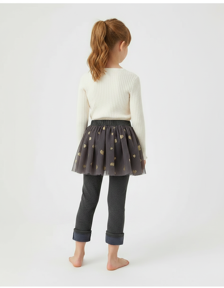 Pantalon Jupe Gris Tulle Cœurs Dorés Intégré Fille - Molleton - vue 2
