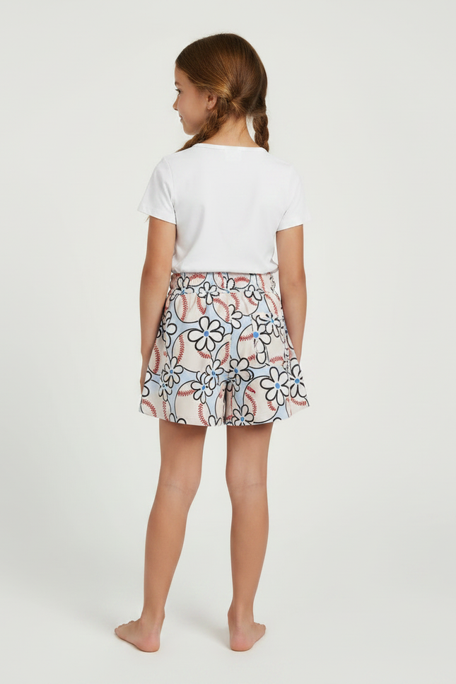 Pantalon Jupe Blanc Fleurs Baseball Coton Enfant - Multicolore - vue 2