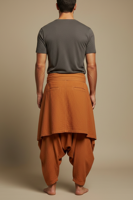Pantalon Jupe Marron Ample Lin Plissé Homme Décontracté - Orange - vue 2
