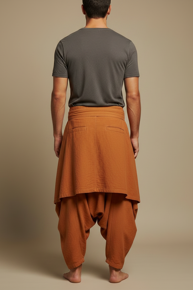 Pantalon Jupe Marron Ample Lin Plissé Homme Décontracté - Orange - vue 2