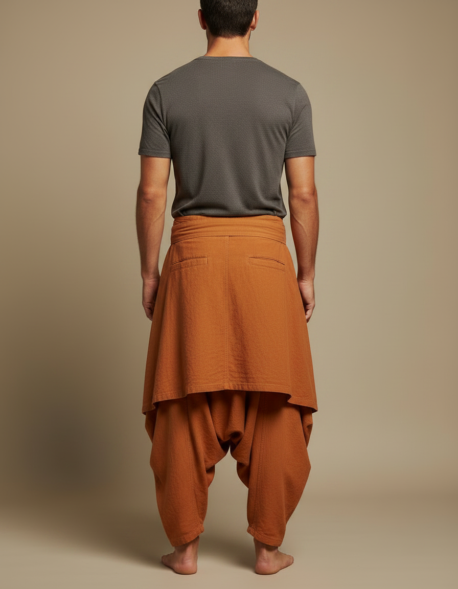Pantalon Jupe Marron Ample Lin Plissé Homme Décontracté - Orange - vue 2