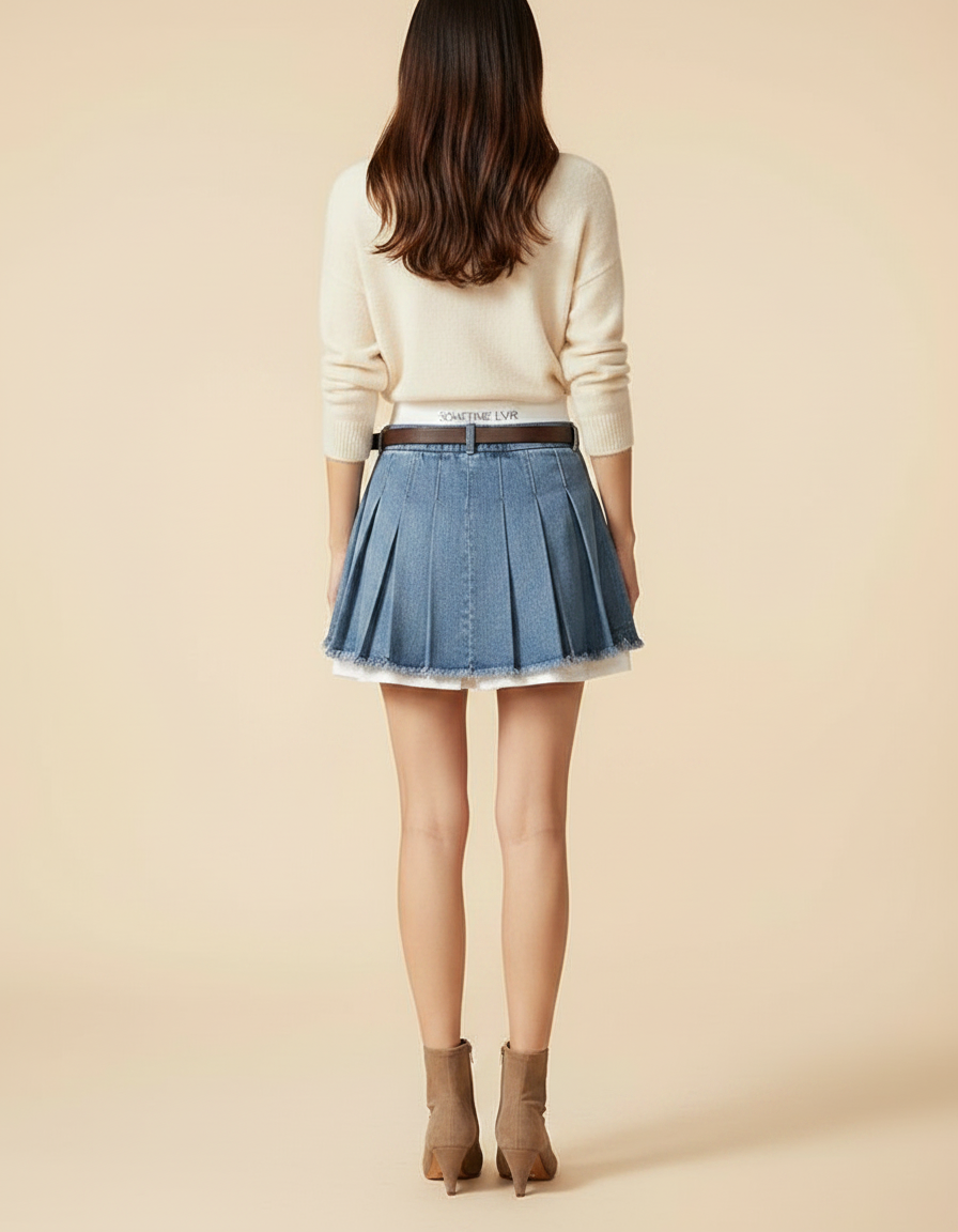 Pantalon Jupe Denim Plissé Effiloché Superposé Femme - Bleu Jean - vue 2
