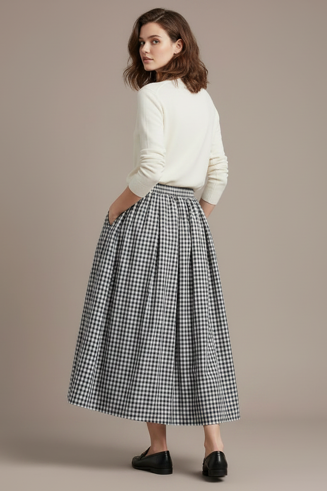 Pantalon Jupe Carreaux Ample Plissé Fluide Élégant - Imprimé Viscose - vue 2