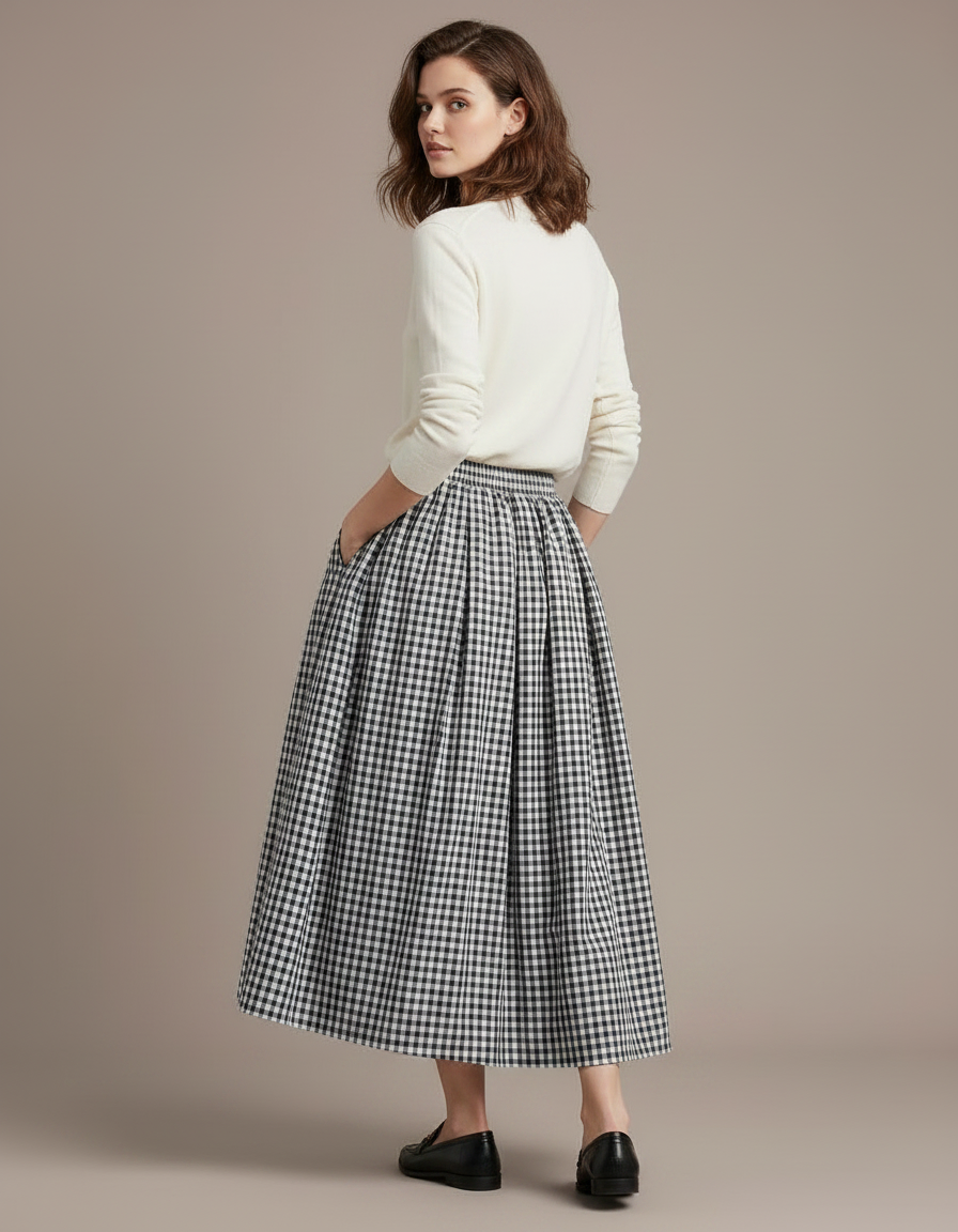 Pantalon Jupe Carreaux Ample Plissé Fluide Élégant - Imprimé Viscose - vue 2