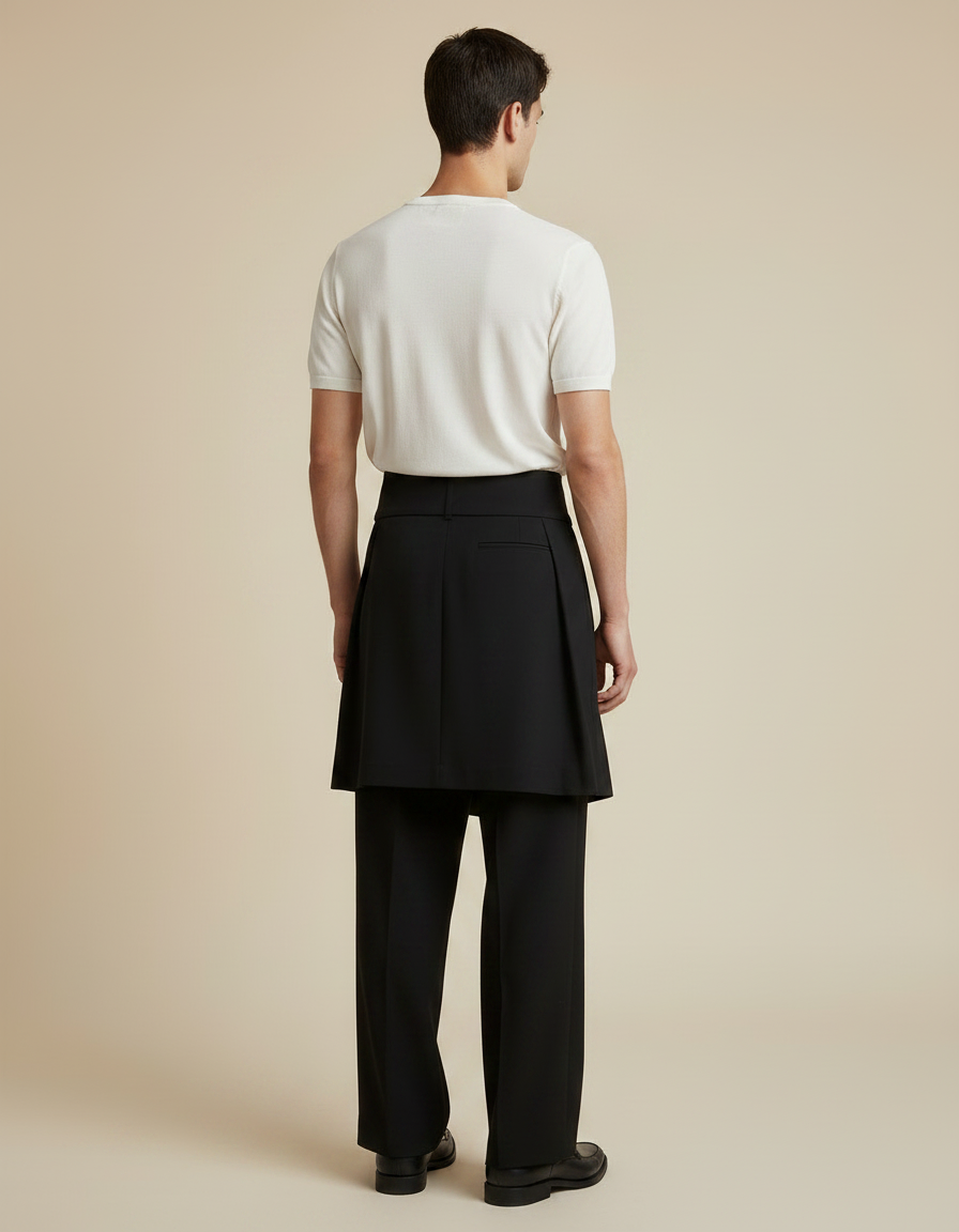 Pantalon Jupe Noir Plissé Superposé Élégant Homme - Polyester - vue 2