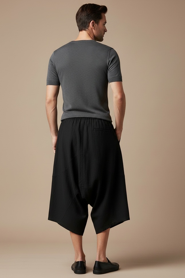 Pantalon Jupe Noir Ample Coton Lin Homme - vue 2
