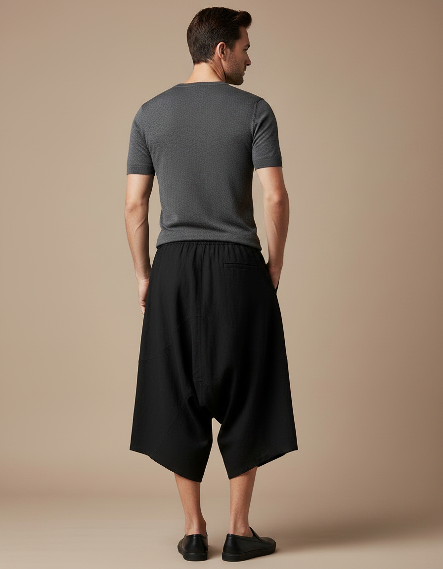 Pantalon Jupe Noir Ample Coton Lin Homme - vue 2