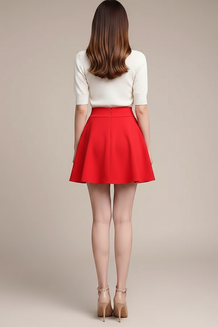 Pantalon Jupe Rouge Évasée Courte Décontractée Femme - Gabardine - vue 2