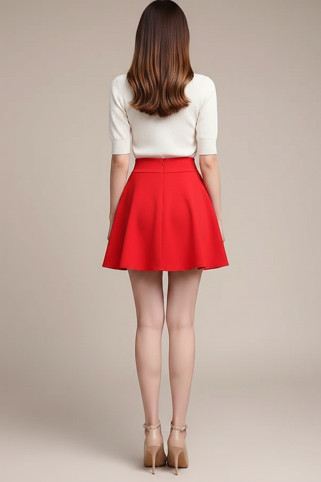 Pantalon Jupe Rouge Évasée Courte Décontractée Femme - Gabardine - vue 2