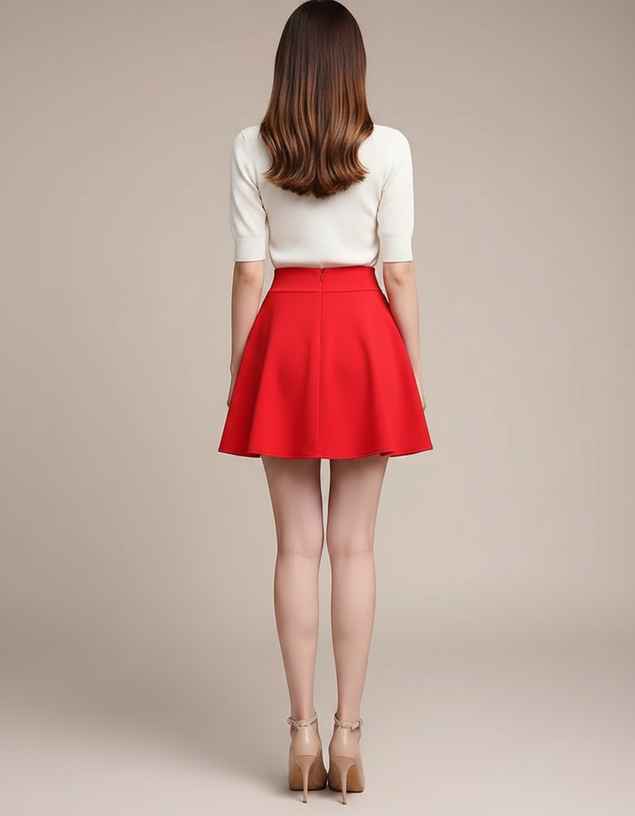 Pantalon Jupe Rouge Évasée Courte Décontractée Femme - Gabardine - vue 2