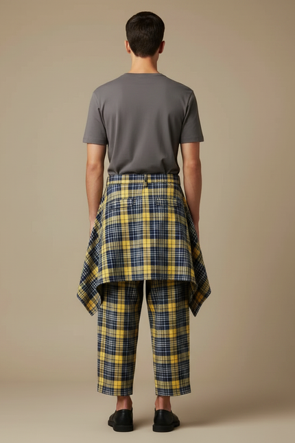 Pantalon Jupe Plaid Jaune Bleu Homme Décontracté - Coton - vue 2