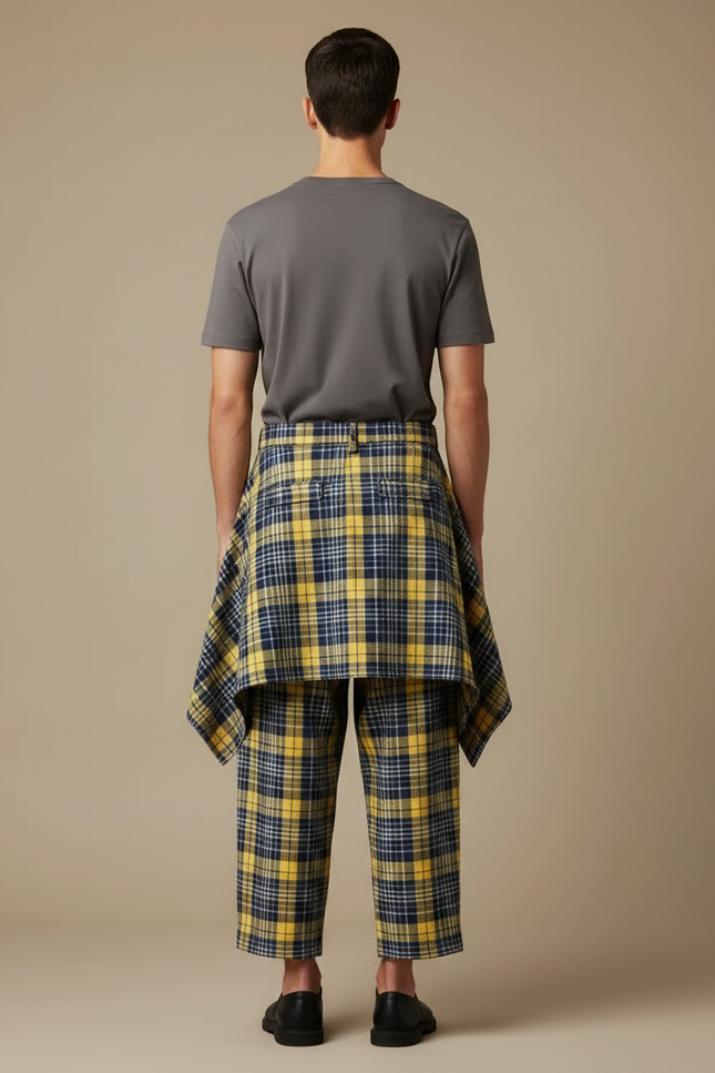 Pantalon Jupe Plaid Jaune Bleu Homme Décontracté - Coton - vue 2