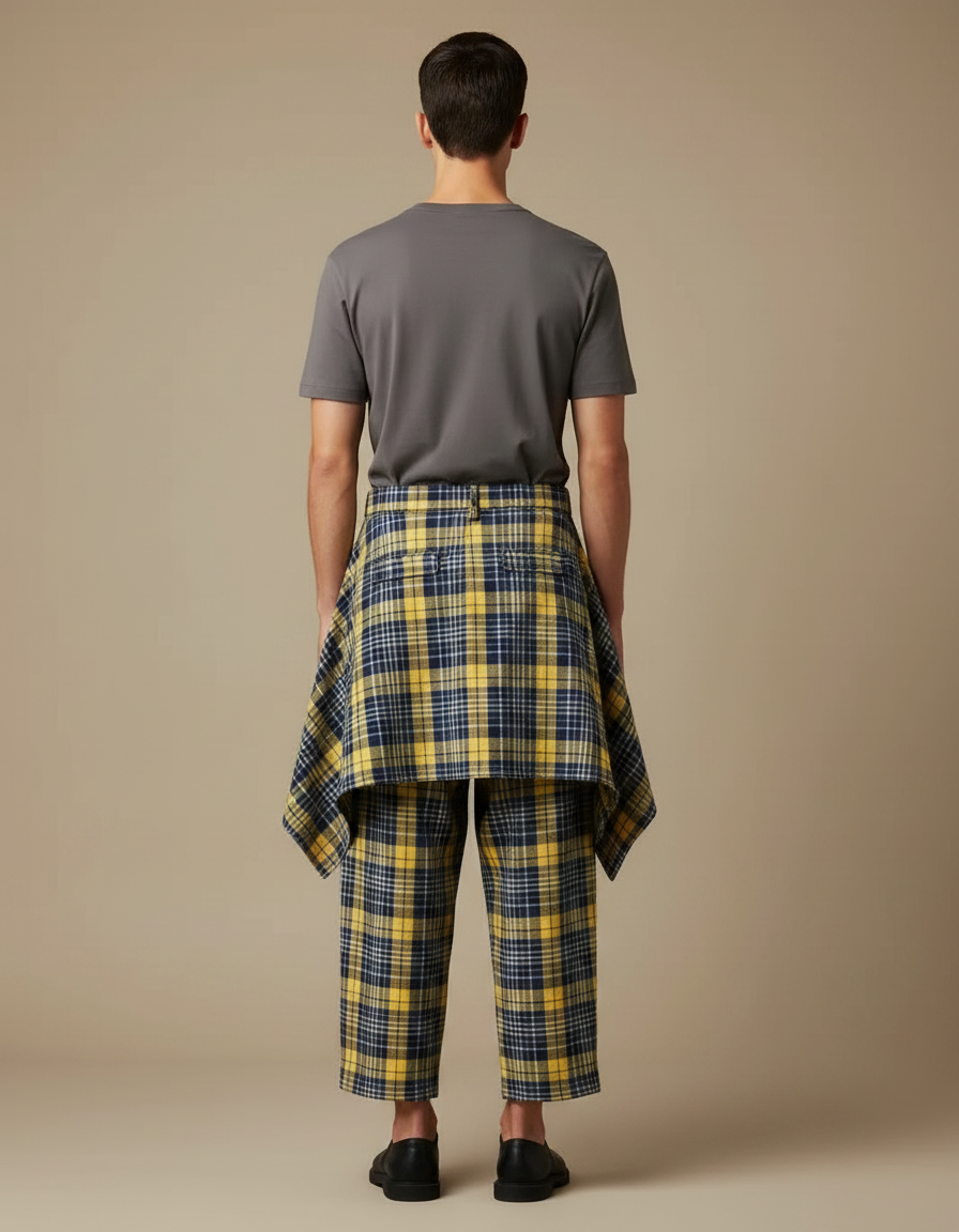 Pantalon Jupe Plaid Jaune Bleu Homme Décontracté - Coton - vue 2