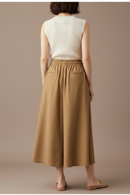 Pantalon Jupe Marron Coton Lin Ample Fluide Décontracté - vue 2