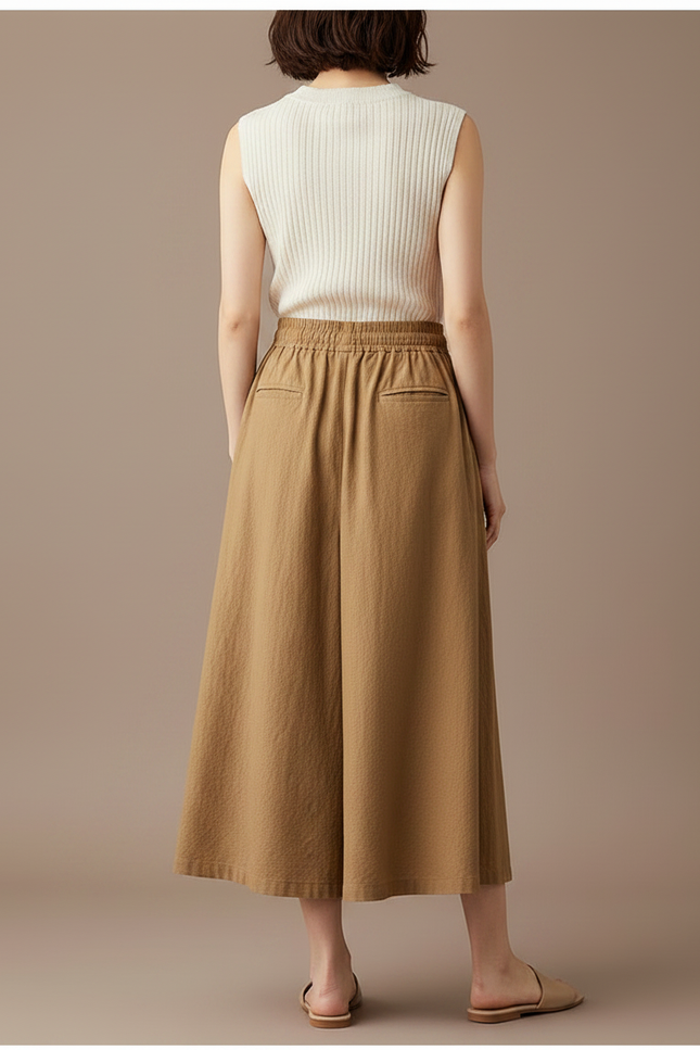 Pantalon Jupe Marron Coton Lin Ample Fluide Décontracté - vue 2
