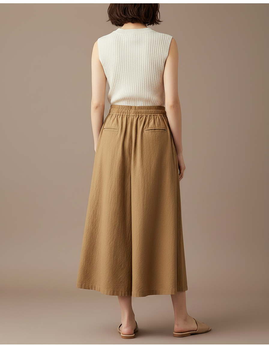 Pantalon Jupe Marron Coton Lin Ample Fluide Décontracté - vue 2
