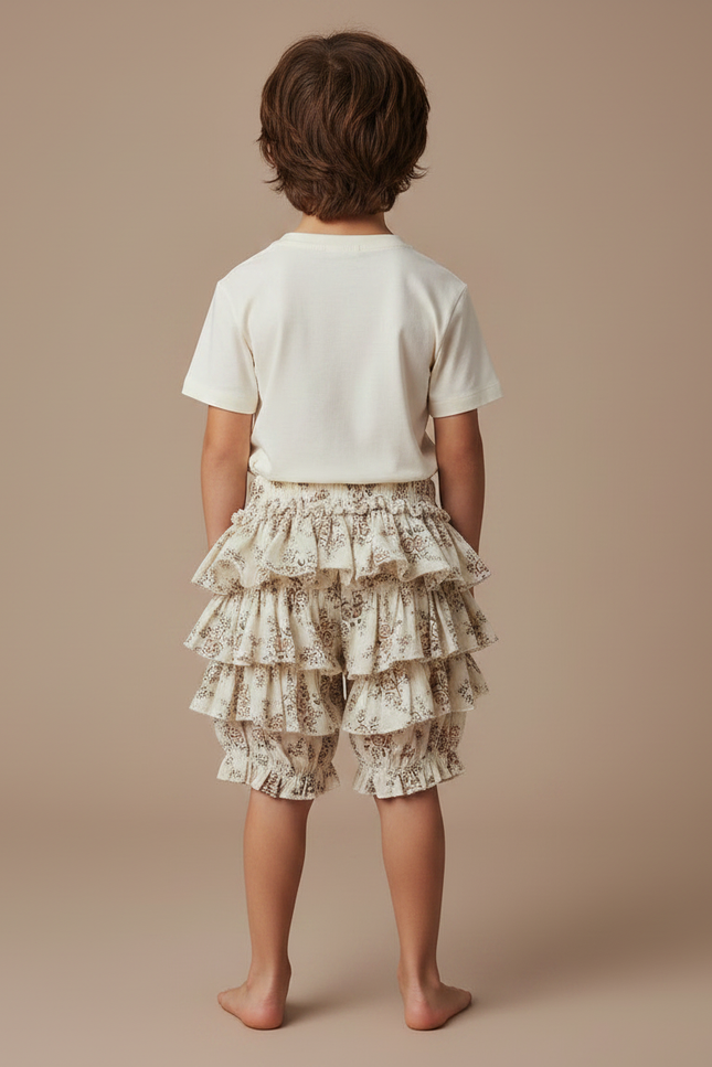Pantalon Jupe Écru Volants Fleuris Coton Enfant - Beige - vue 2