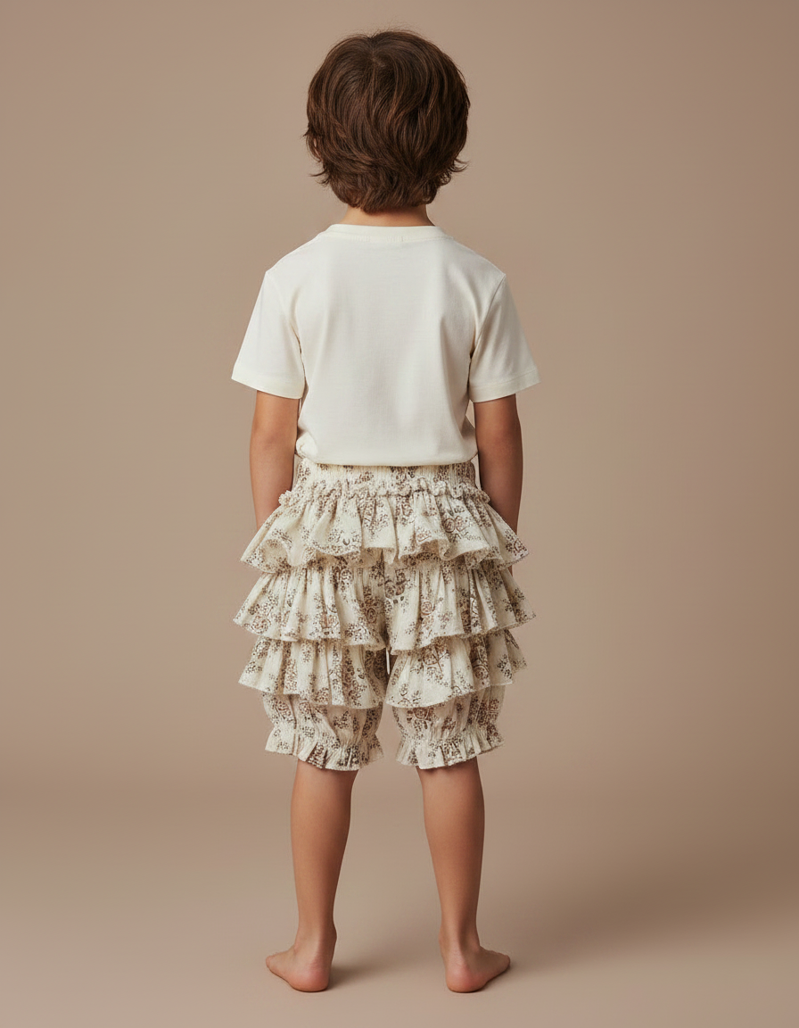 Pantalon Jupe Écru Volants Fleuris Coton Enfant - Beige - vue 2