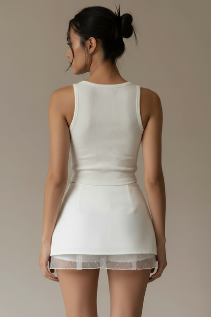 Pantalon Jupe Blanc Dentelle Nœud Superposé Estival - Polyester - vue 2