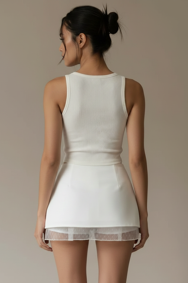 Pantalon Jupe Blanc Dentelle Nœud Superposé Estival - Polyester - vue 2