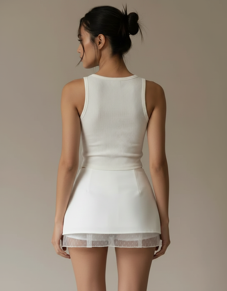 Pantalon Jupe Blanc Dentelle Nœud Superposé Estival - Polyester - vue 2