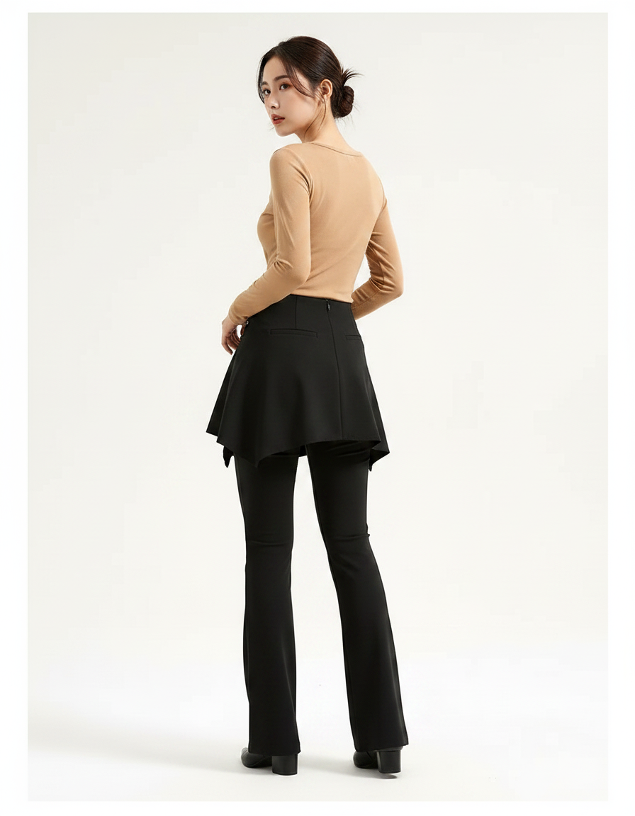 Pantalon Jupe Noir Évasé Superposé Élégant - Polyester - vue 2