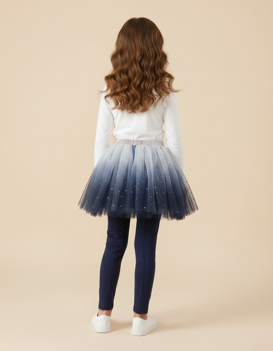Pantalon Jupe Tulle Dégradé Étoiles Scintillantes Intégré Fille - Marine Coton - vue 2