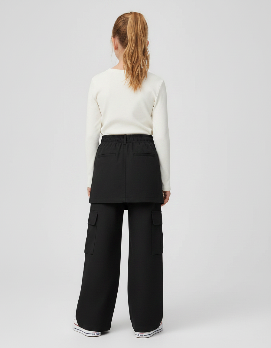 Pantalon Jupe Noir Cargo Ample Asymétrique Fille - Gabardine - vue 2