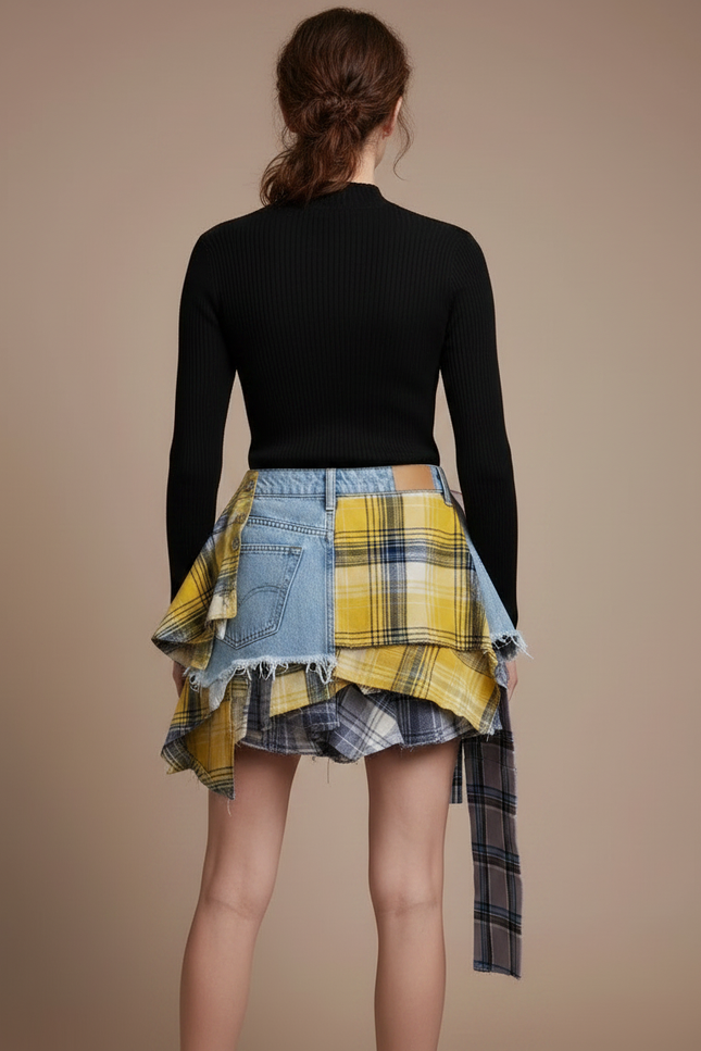 Pantalon Jupe Denim Plaid Déstructuré Asymétrique Mini - Multicolore Jean - vue 2