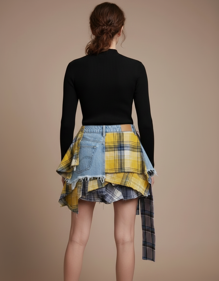 Pantalon Jupe Denim Plaid Déstructuré Asymétrique Mini - Multicolore Jean - vue 2