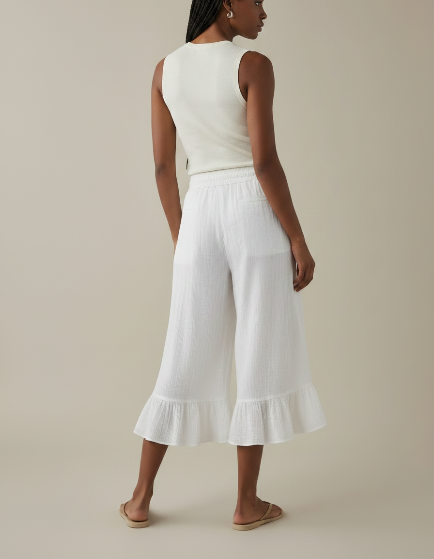 Pantalon Jupe Blanc Plissé Ample Volants Coton - vue 2