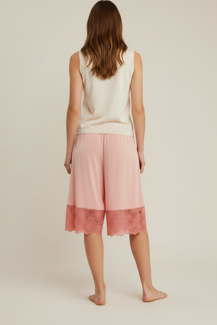 Pantalon Jupe Rose Satin Dentelle Fluide Ample - vue 2