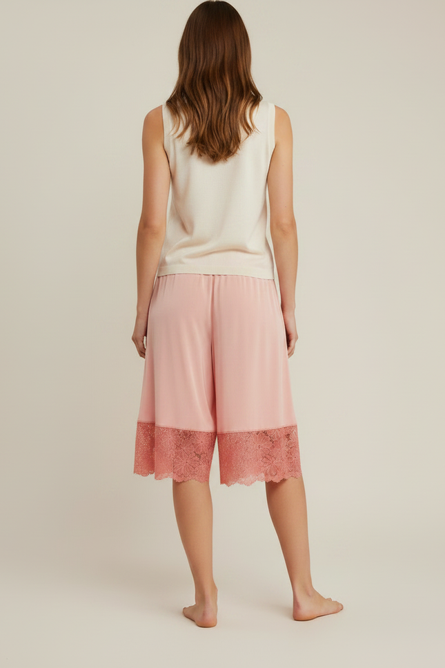 Pantalon Jupe Rose Satin Dentelle Fluide Ample - vue 2