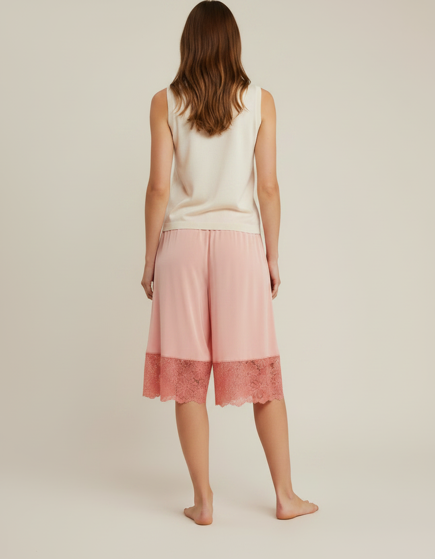 Pantalon Jupe Rose Satin Dentelle Fluide Ample - vue 2