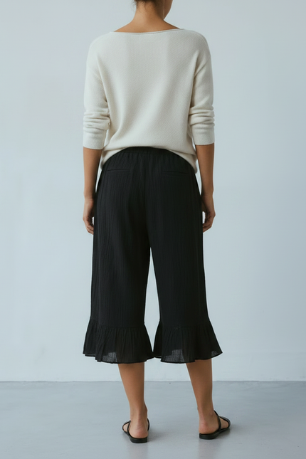 Pantalon Jupe Noir Ample Fluide Volants Coton - vue 2
