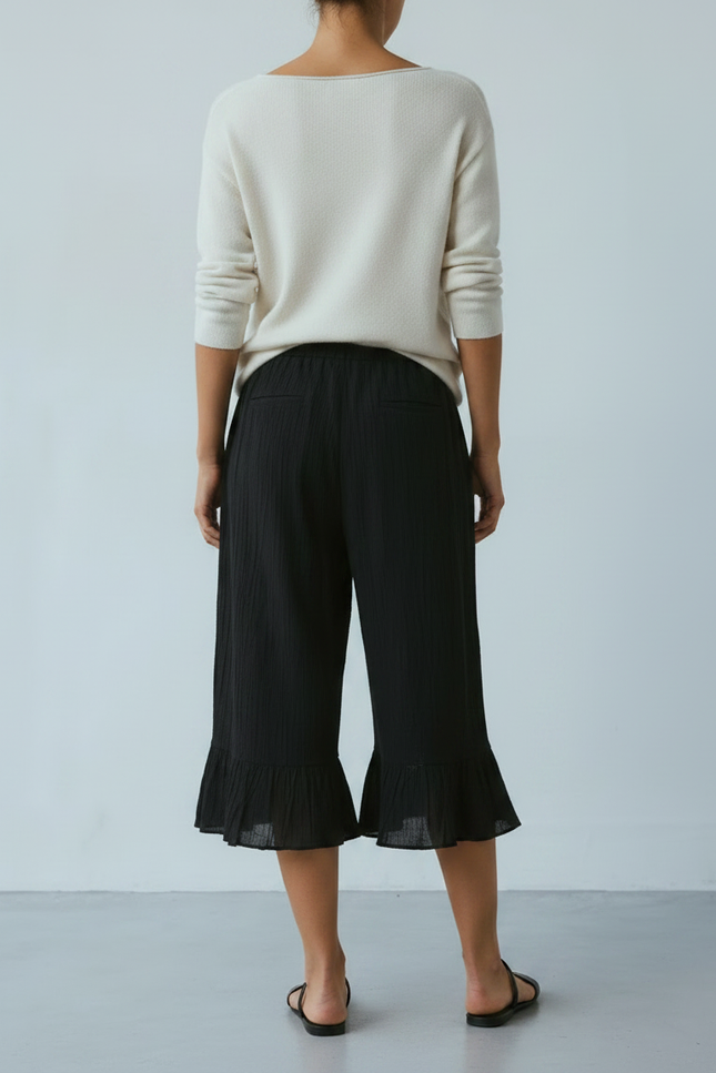 Pantalon Jupe Noir Ample Fluide Volants Coton - vue 2