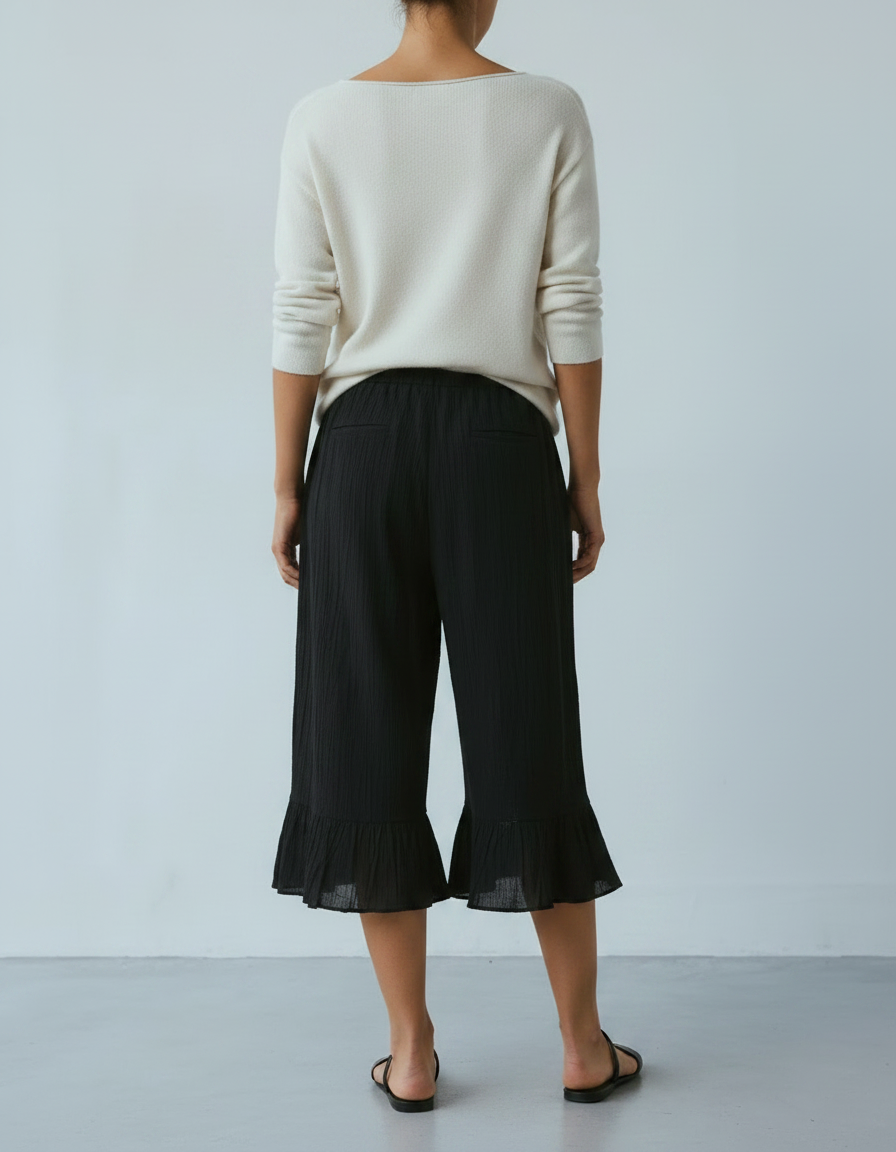 Pantalon Jupe Noir Ample Fluide Volants Coton - vue 2
