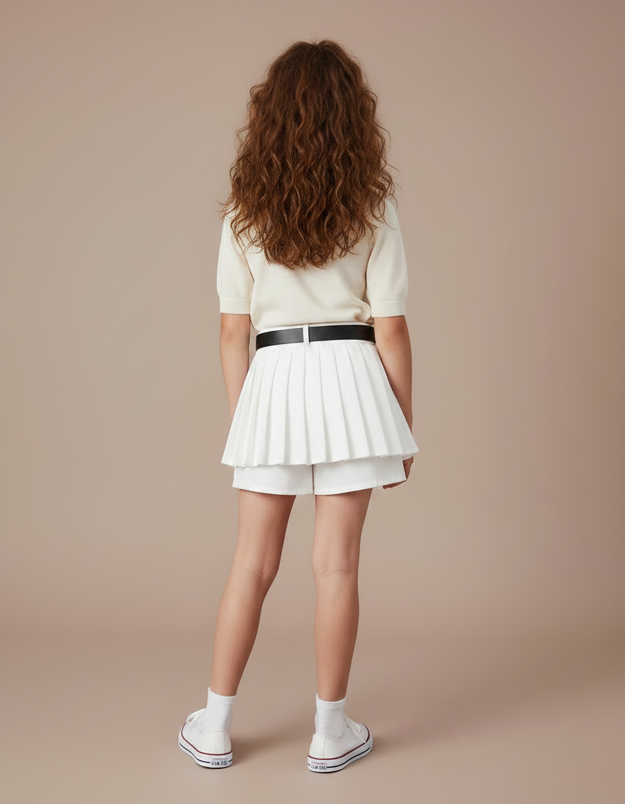 Pantalon Jupe Blanc Plissé Ceinturé Fille Sportif - Polyester - vue 2