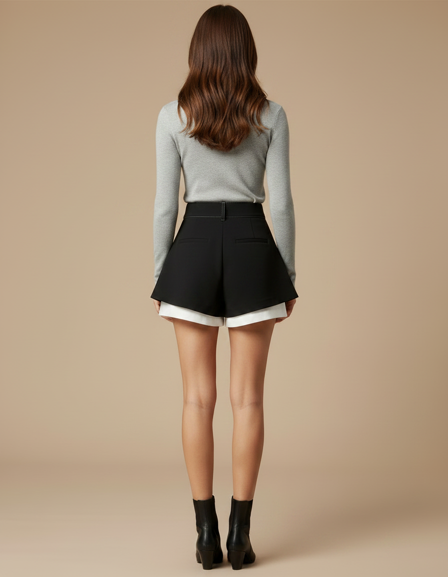 Pantalon Jupe Noir Plissé Superposé Élégant Court - Polyester - vue 2