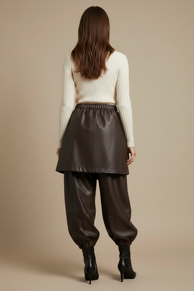 Pantalon Jupe Marron Similicuir Ample Superposé Élégant - Simili cuir - vue 2
