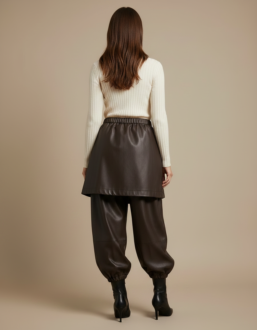Pantalon Jupe Marron Similicuir Ample Superposé Élégant - Simili cuir - vue 2