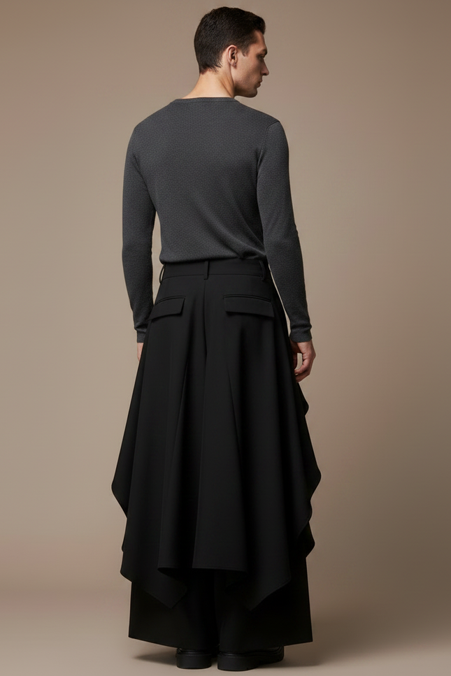 Pantalon Jupe Noir Ample Asymétrique Unisexe Moderne - Polyester - vue 2