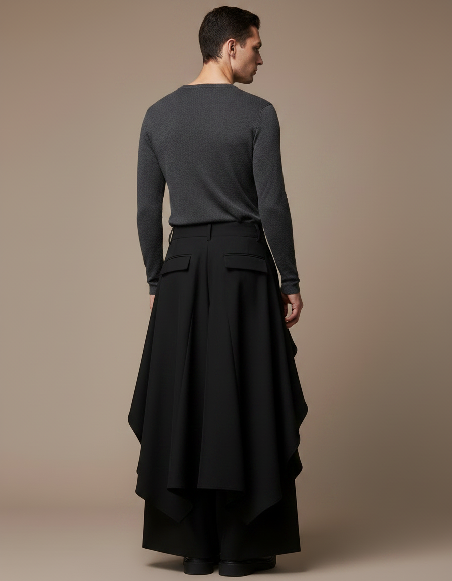 Pantalon Jupe Noir Ample Asymétrique Unisexe Moderne - Polyester - vue 2